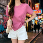 Casual Cotton Blend Pink T-shirt and White Shorts Set - Image 3