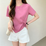 Casual Cotton Blend Pink T-shirt and White Shorts Set