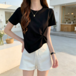 Casual Black Cotton T-Shirt and White Denim Shorts for Everyday Wear - Image 2