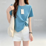 Casual blue Cotton T-Shirt and White Denim Shorts for Everyday Wear - Image 4