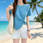 Casual blue Cotton T-Shirt and White Denim Shorts for Everyday Wear - Image 2