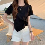 Casual Black Cotton T-Shirt and White Denim Shorts for Everyday Wear