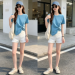 Casual blue Cotton T-Shirt and White Denim Shorts for Everyday Wear - Image 3